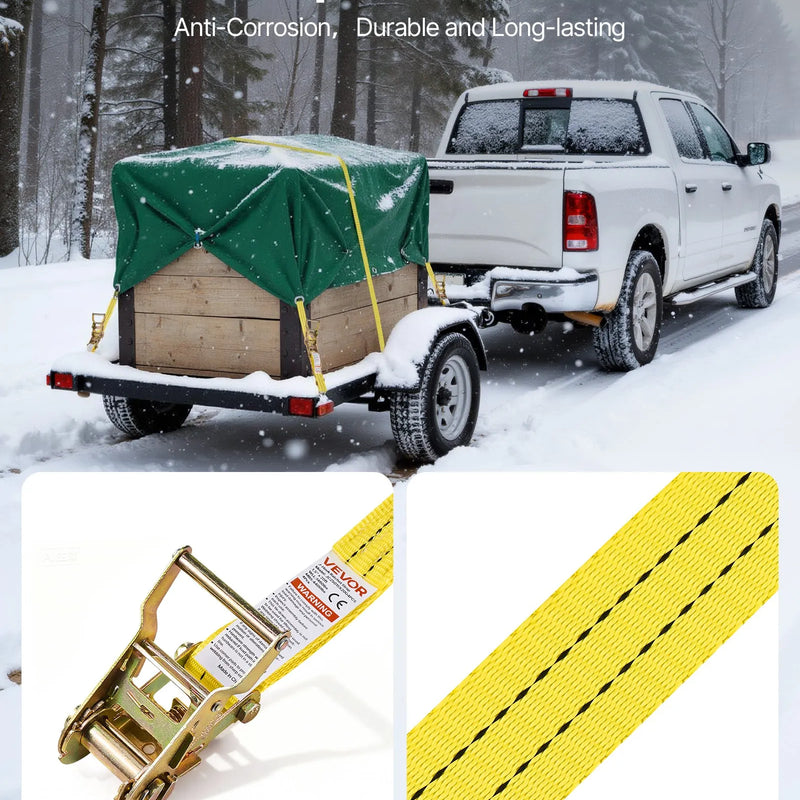 VEVOR sprūdrata stiprinājuma siksnu komplekts, 38,1 mm × 6,1 m, lieljaudas siksnas ar dubultajiem J veida āķiem, pārrāvuma izturība 2000 kg, ar uzglabāšanas somu, kravas nostiprināšanai pārvadāšanā, piekabēs, motocikliem, kajakiem un uz auto jumta, 4 gab.