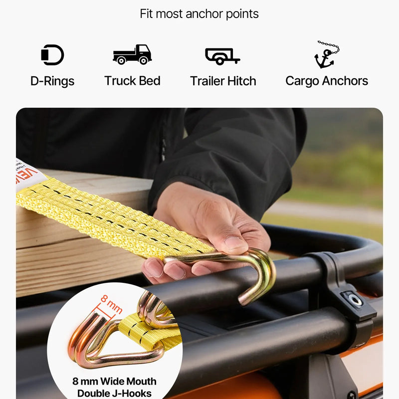 VEVOR sprūdrata stiprinājuma siksnu komplekts, 38,1 mm × 6,1 m, lieljaudas siksnas ar dubultajiem J veida āķiem, pārrāvuma izturība 2000 kg, ar uzglabāšanas somu, kravas nostiprināšanai pārvadāšanā, piekabēs, motocikliem, kajakiem un uz auto jumta, 4 gab.