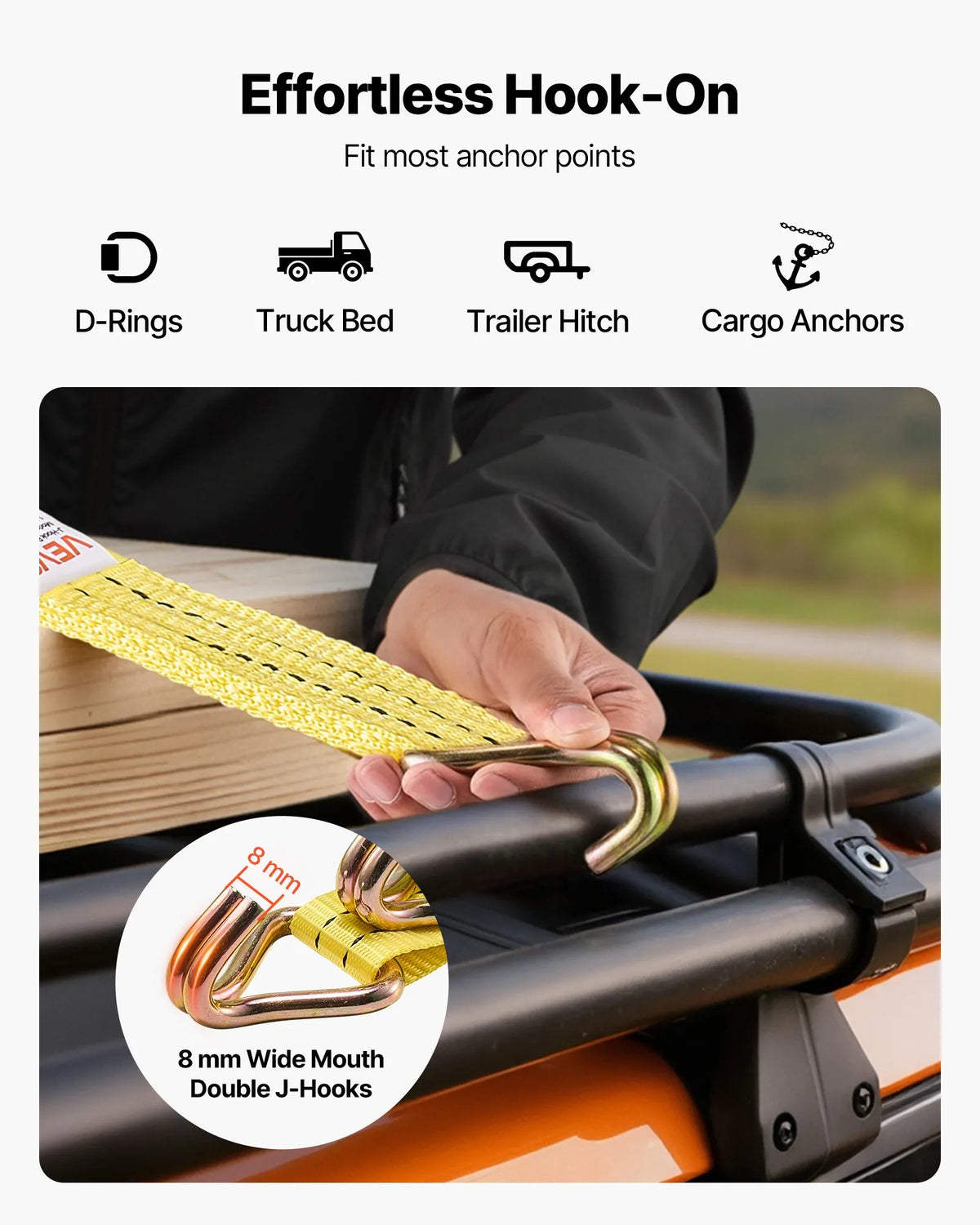 VEVOR Ratchet Tie-Down Strap Set, 38.1 mm × 6.1 m, Heavy-Duty Straps with Dual J-Hooks, 2000 kg Breaking Strength, with Storage Bag, for Cargo Securing in Transport, Trailers, Motorcycles, Kayaks and Roof Racks, 4 Pieces