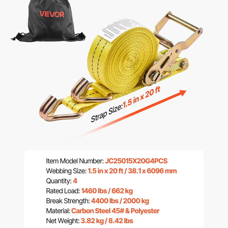 VEVOR sprūdrata stiprinājuma siksnu komplekts, 38,1 mm × 6,1 m, lieljaudas siksnas ar dubultajiem J veida āķiem, pārrāvuma izturība 2000 kg, ar uzglabāšanas somu, kravas nostiprināšanai pārvadāšanā, piekabēs, motocikliem, kajakiem un uz auto jumta, 4 gab.