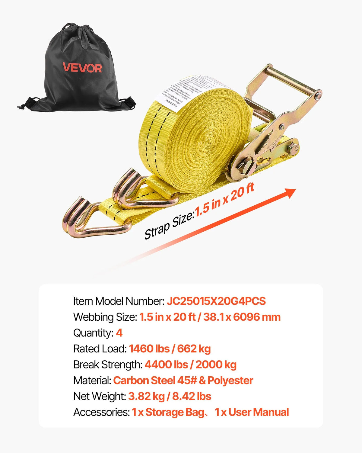 VEVOR Ratchet Tie-Down Strap Set, 38.1 mm × 6.1 m, Heavy-Duty Straps with Dual J-Hooks, 2000 kg Breaking Strength, with Storage Bag, for Cargo Securing in Transport, Trailers, Motorcycles, Kayaks and Roof Racks, 4 Pieces