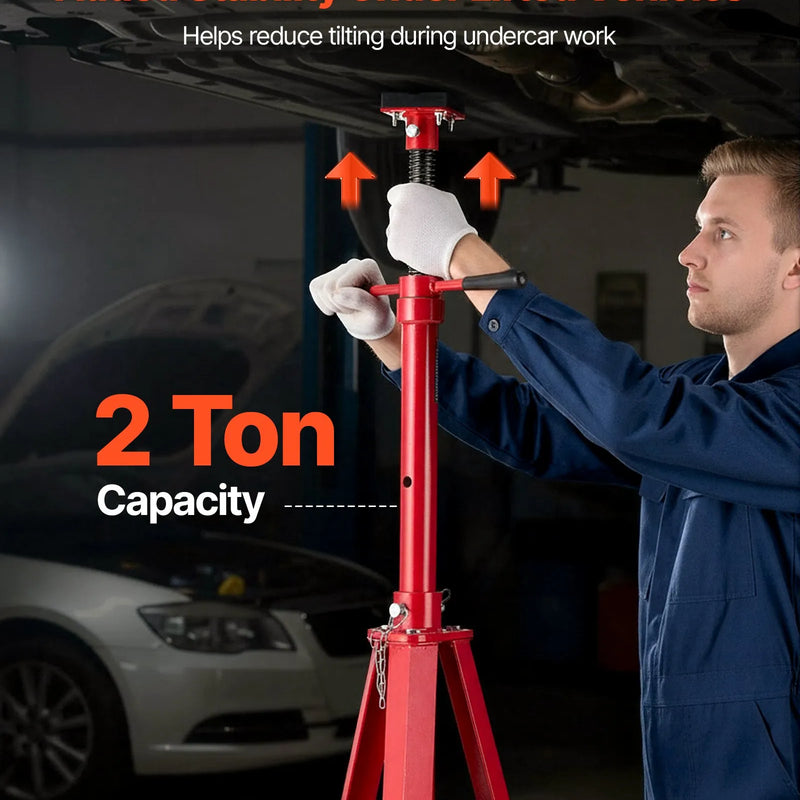 VEVOR zem pacēlāja statīvs 2 t, regulējams augstums 1200–2150 mm, 4 līmeņi, smagā oglekļa tērauda konstrukcija auto pacelšanai un atbalstam - ZEMLETES.LV