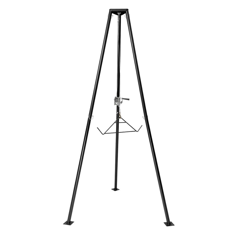 Trijkāja briežu pacēlājs, 225 kg celtspēja, medību vinčas pacēlājs ar āķi un rokas vinču, paredzēts medījuma tīrīšanai, ādas novilkšanai un pārvietošanai, melns