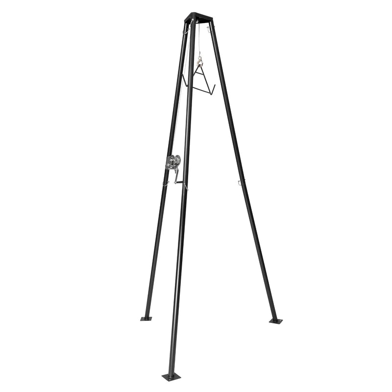 Trijkāja briežu pacēlājs, 225 kg celtspēja, medību vinčas pacēlājs ar āķi un rokas vinču, paredzēts medījuma tīrīšanai, ādas novilkšanai un pārvietošanai, melns