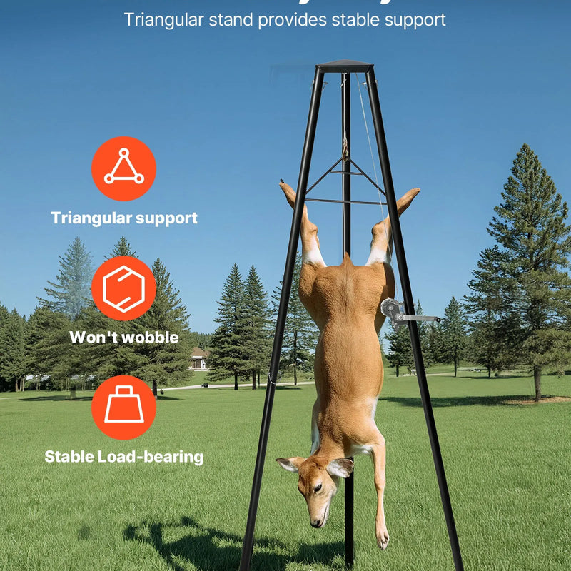 Trijkāja briežu pacēlājs, 225 kg celtspēja, medību vinčas pacēlājs ar āķi un rokas vinču, paredzēts medījuma tīrīšanai, ādas novilkšanai un pārvietošanai, melns