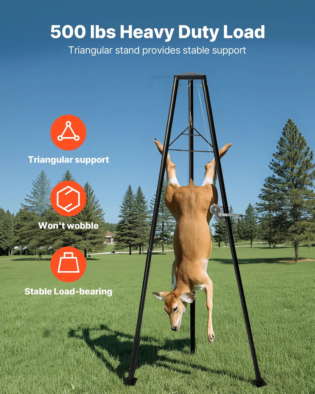 Three-legged deer hoist, 225 kg lifting capacity, hunting winch hoist with hook and hand winch, designed for game cleaning, skinning and moving, black