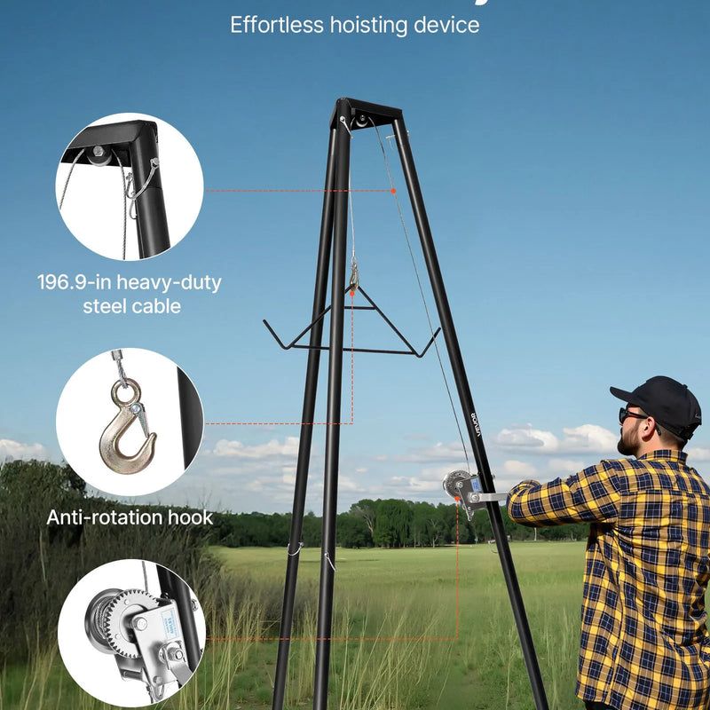 Trijkāja briežu pacēlājs, 225 kg celtspēja, medību vinčas pacēlājs ar āķi un rokas vinču, paredzēts medījuma tīrīšanai, ādas novilkšanai un pārvietošanai, melns