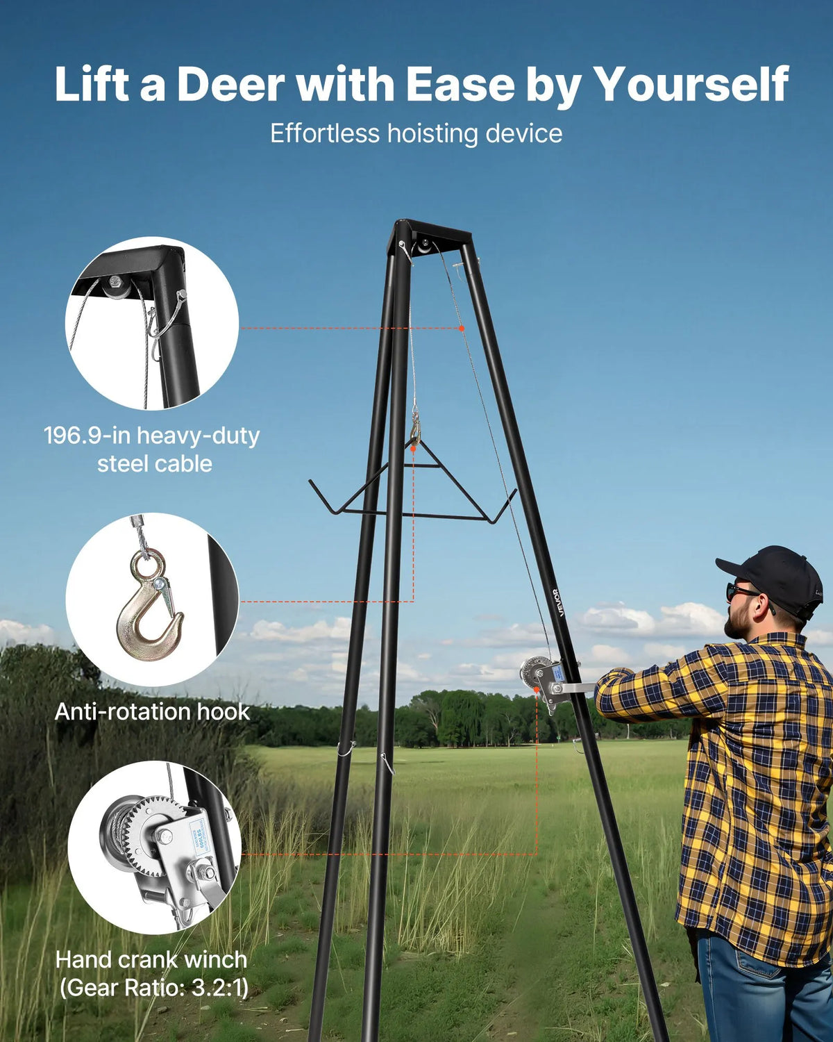 Three-legged deer hoist, 225 kg lifting capacity, hunting winch hoist with hook and hand winch, designed for game cleaning, skinning and moving, black