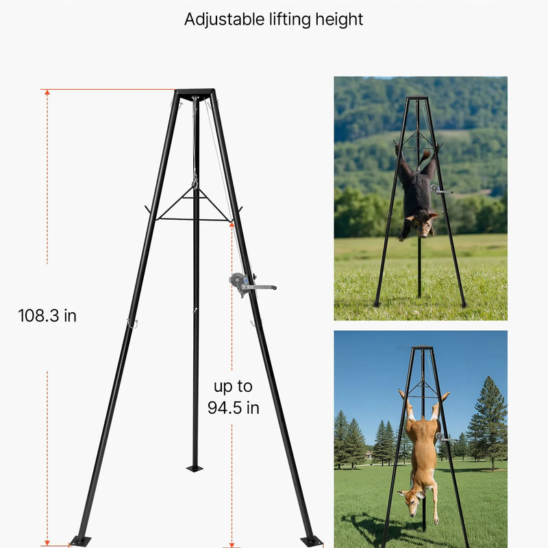Trijkāja briežu pacēlājs, 225 kg celtspēja, medību vinčas pacēlājs ar āķi un rokas vinču, paredzēts medījuma tīrīšanai, ādas novilkšanai un pārvietošanai, melns