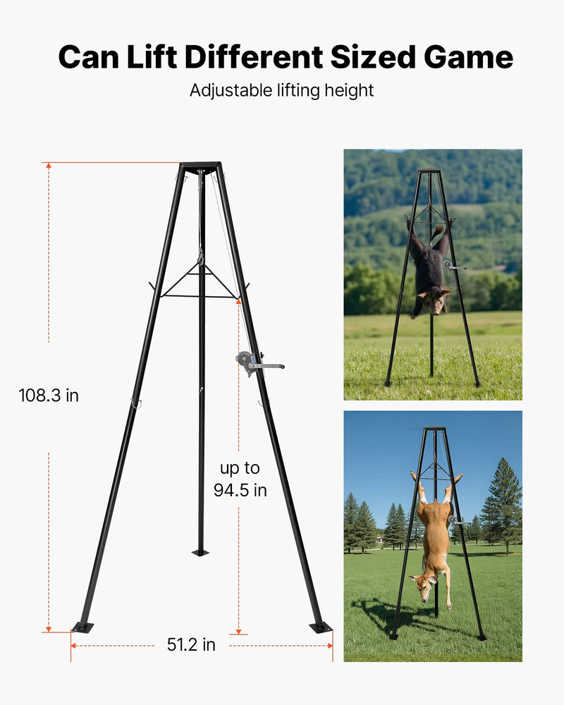 Trijkāja briežu pacēlājs, 225 kg celtspēja, medību vinčas pacēlājs ar āķi un rokas vinču, paredzēts medījuma tīrīšanai, ādas novilkšanai un pārvietošanai, melns