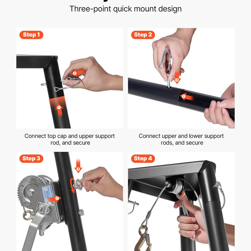 Trijkāja briežu pacēlājs, 225 kg celtspēja, medību vinčas pacēlājs ar āķi un rokas vinču, paredzēts medījuma tīrīšanai, ādas novilkšanai un pārvietošanai, melns