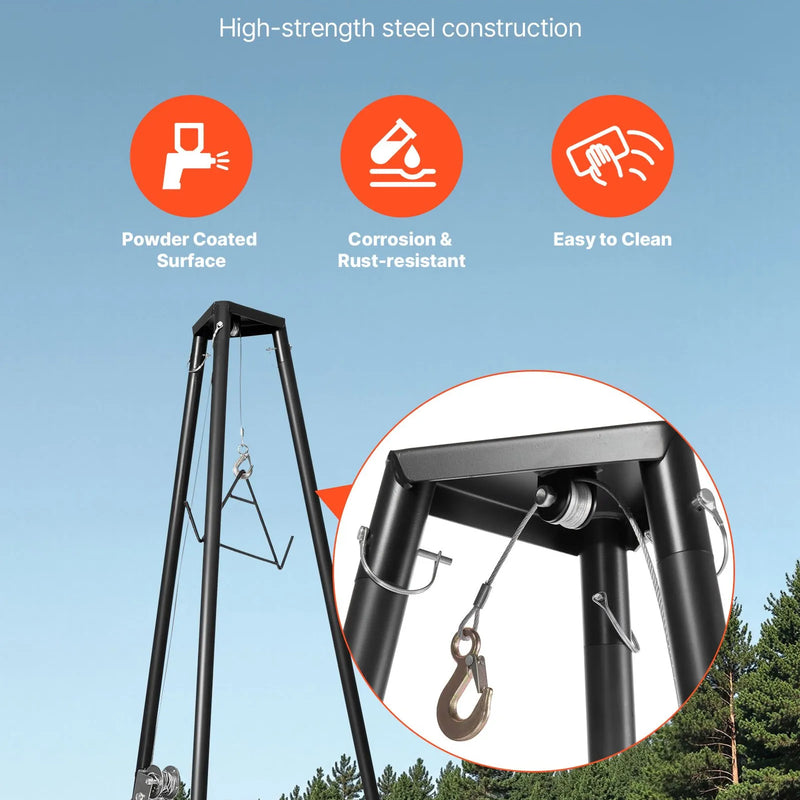 Trijkāja briežu pacēlājs, 225 kg celtspēja, medību vinčas pacēlājs ar āķi un rokas vinču, paredzēts medījuma tīrīšanai, ādas novilkšanai un pārvietošanai, melns