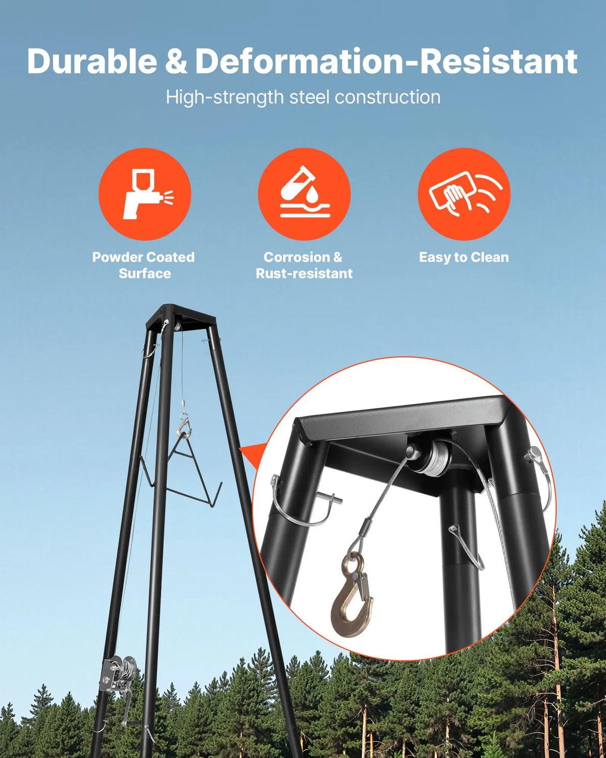 Three-legged deer hoist, 225 kg lifting capacity, hunting winch hoist with hook and hand winch, designed for game cleaning, skinning and moving, black