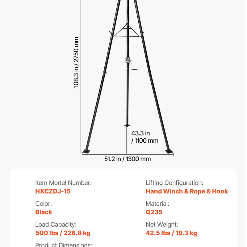Trijkāja briežu pacēlājs, 225 kg celtspēja, medību vinčas pacēlājs ar āķi un rokas vinču, paredzēts medījuma tīrīšanai, ādas novilkšanai un pārvietošanai, melns