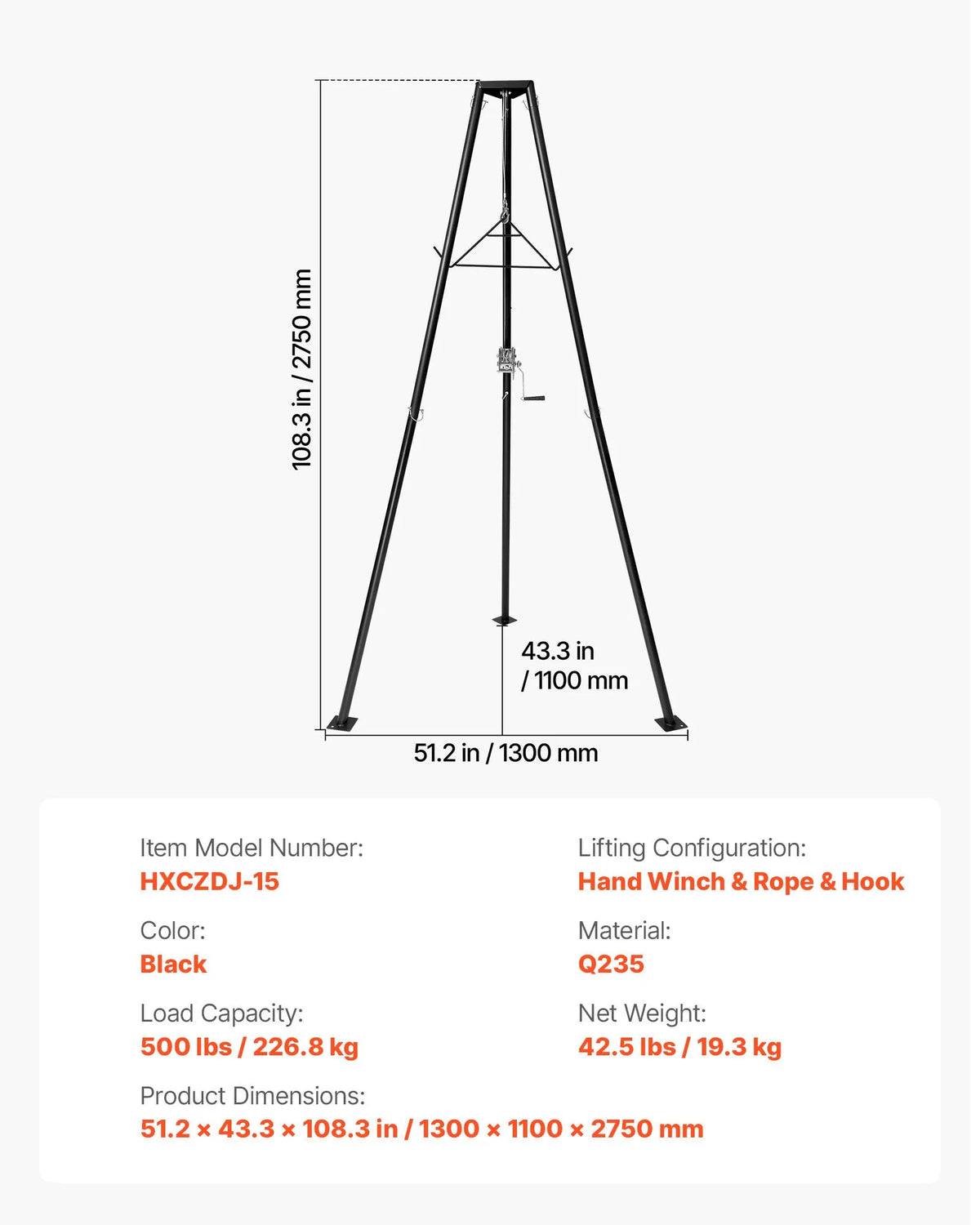Three-legged deer hoist, 225 kg lifting capacity, hunting winch hoist with hook and hand winch, designed for game cleaning, skinning and moving, black