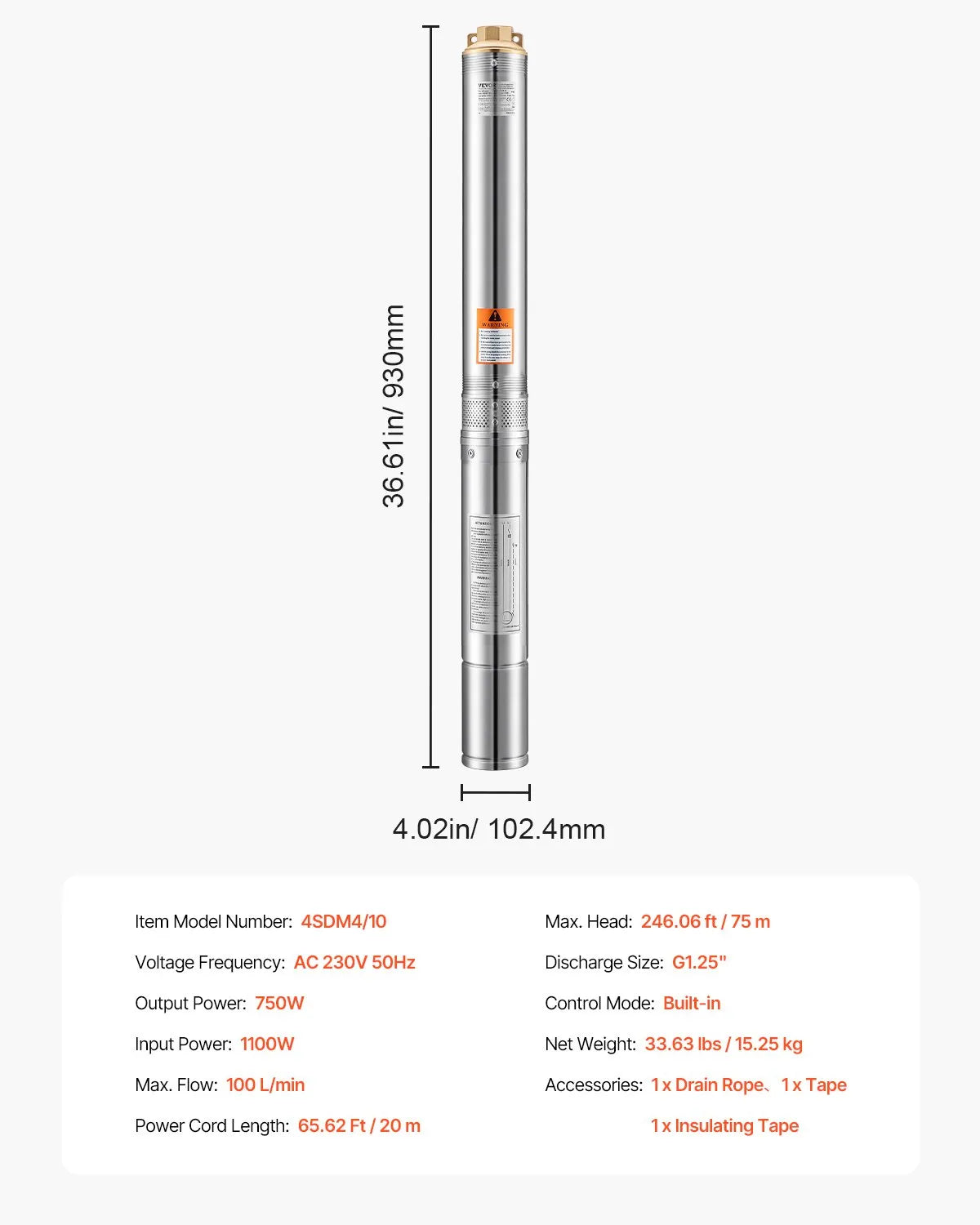 VEVOR Deep Well Submersible Pump, 750 W Output Power, 230 V, 100 l/min Flow, 75 m Lift Height, with 20 m Cable, Stainless Steel Water Pump for Industrial Irrigation and Domestic Use, IP68 Protection Class
