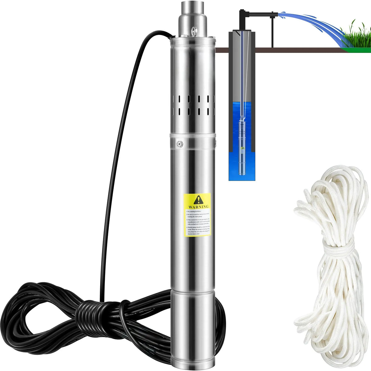 VEVOR Deep Well Submersible Pump 550 W, 230 V/50 Hz, Flow up to 35 l/min, Lift Height up to 108 m, Sand Resistance <5%, 20 m Power Cable, 7.6 cm Stainless Steel Body, IP68, for Industrial, Irrigation and Home Use