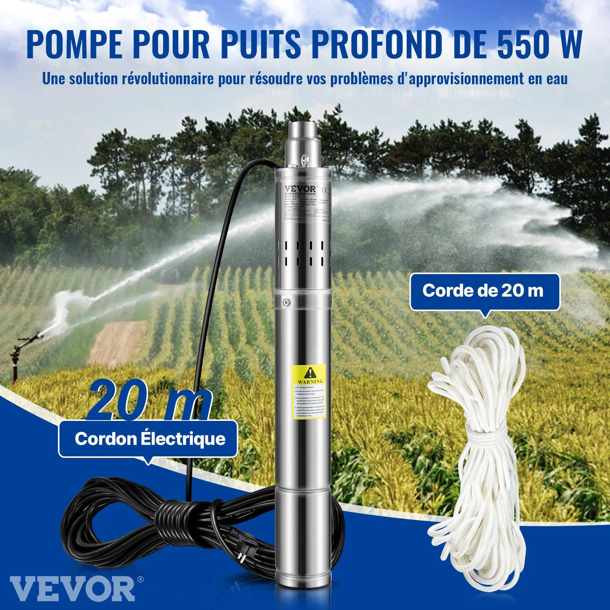 VEVOR Deep Well Submersible Pump 550 W, 230 V/50 Hz, Flow up to 35 l/min, Lift Height up to 108 m, Sand Resistance <5%, 20 m Power Cable, 7.6 cm Stainless Steel Body, IP68, for Industrial, Irrigation and Home Use