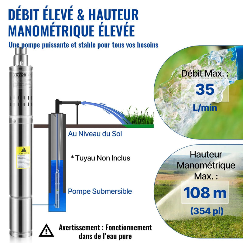 VEVOR dziļurbuma iegremdējamais sūknis 550 W, 230 V/50 Hz, plūsma līdz 35 l/min, pacelšanas augstums līdz 108 m, smilšu izturība <5 %, 20 m barošanas kabelis, 7,6 cm nerūsējošā tērauda korpuss, IP68, rūpniecībai, apūdeņošanai un mājai