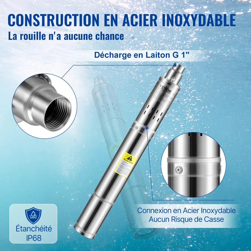 VEVOR dziļurbuma iegremdējamais sūknis 550 W, 230 V/50 Hz, plūsma līdz 35 l/min, pacelšanas augstums līdz 108 m, smilšu izturība <5 %, 20 m barošanas kabelis, 7,6 cm nerūsējošā tērauda korpuss, IP68, rūpniecībai, apūdeņošanai un mājai