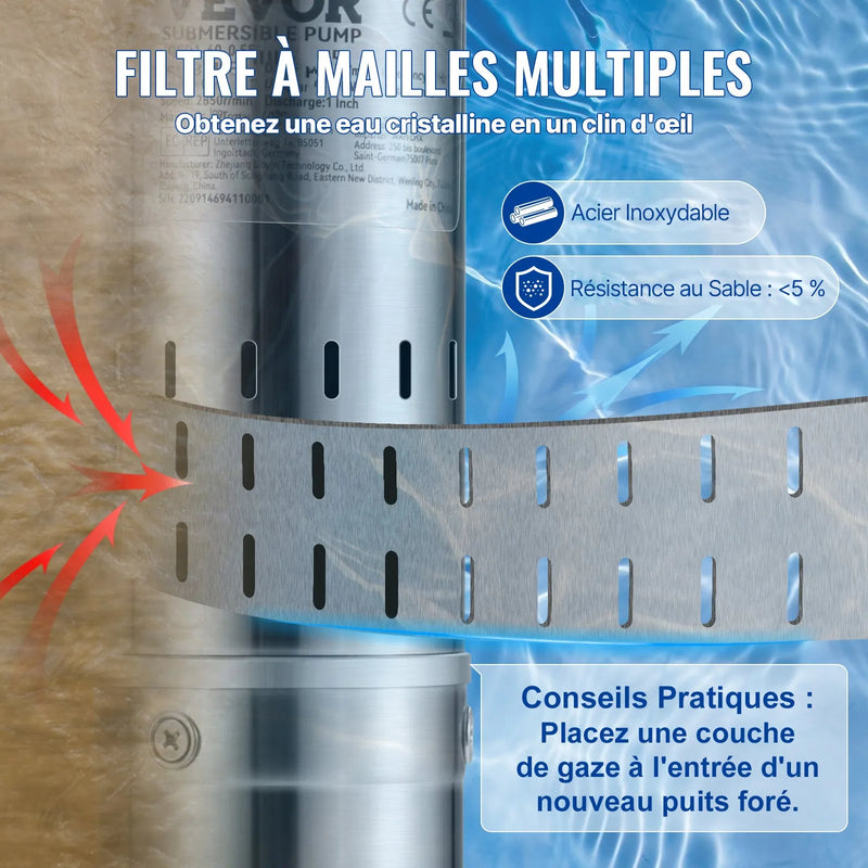 VEVOR dziļurbuma iegremdējamais sūknis 550 W, 230 V/50 Hz, plūsma līdz 35 l/min, pacelšanas augstums līdz 108 m, smilšu izturība <5 %, 20 m barošanas kabelis, 7,6 cm nerūsējošā tērauda korpuss, IP68, rūpniecībai, apūdeņošanai un mājai