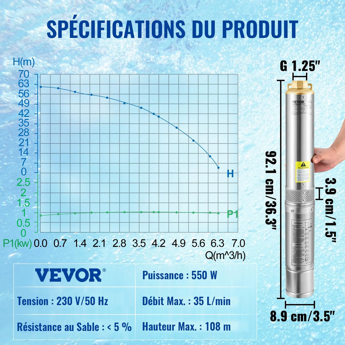 VEVOR Deep Well Submersible Pump 550 W, 230 V/50 Hz, Flow up to 35 l/min, Lift Height up to 108 m, Sand Resistance <5%, 20 m Power Cable, 7.6 cm Stainless Steel Body, IP68, for Industrial, Irrigation and Home Use