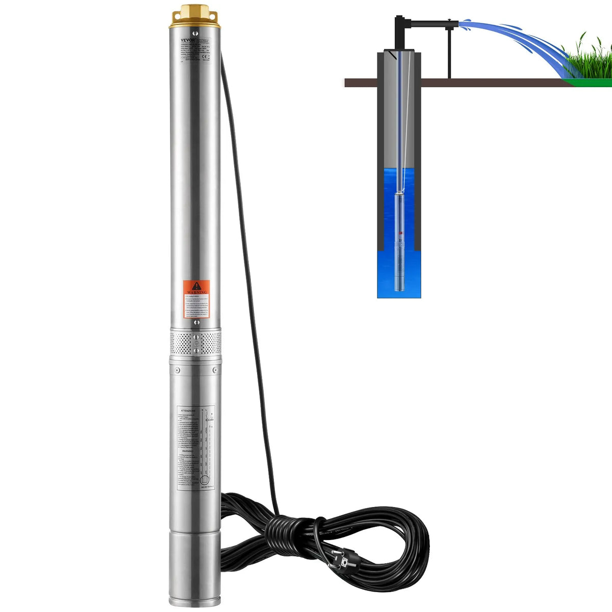 VEVOR Deep Well Submersible Pump 1500 W, 230 V/50 Hz, Flow up to 9.8 m³/h, Lift Height up to 108 m, 9.1 m Electric Cable, Stainless Steel Housing, IP68, for Industrial, Irrigation and Domestic Use