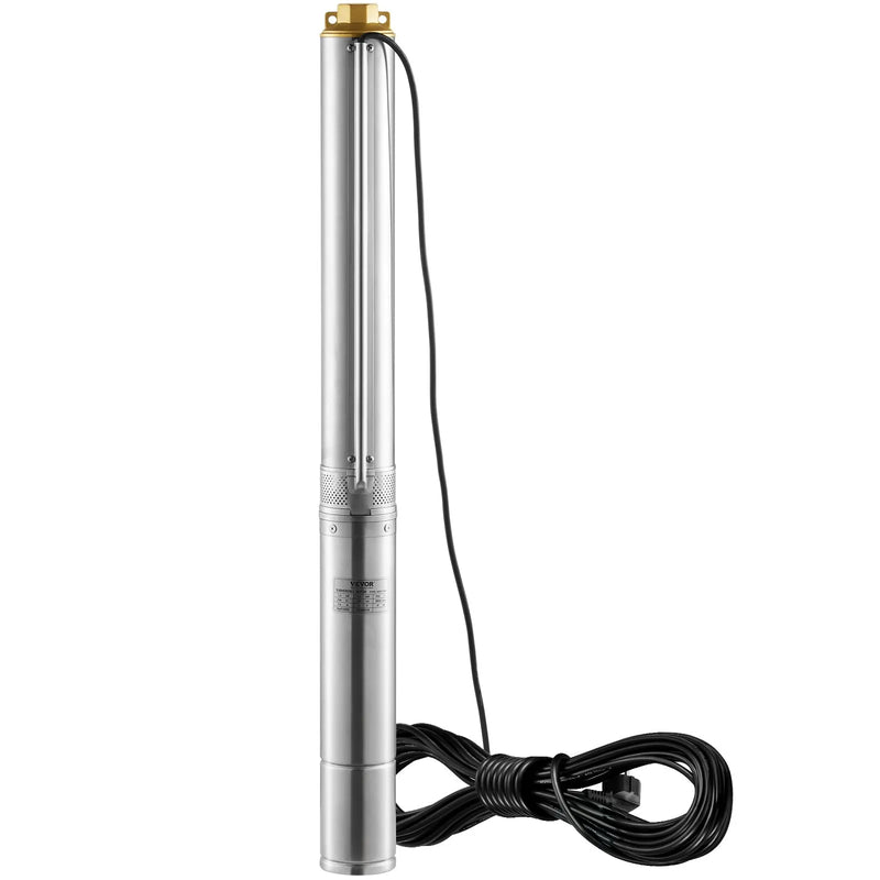 VEVOR dziļurbuma iegremdējamais sūknis 1500 W, 230 V/50 Hz, plūsma līdz 9,8 m³/h, pacelšanas augstums līdz 108 m, 9,1 m elektriskais kabelis, nerūsējošā tērauda korpuss, IP68, rūpniecībai, apūdeņošanai un mājsaimniecībai