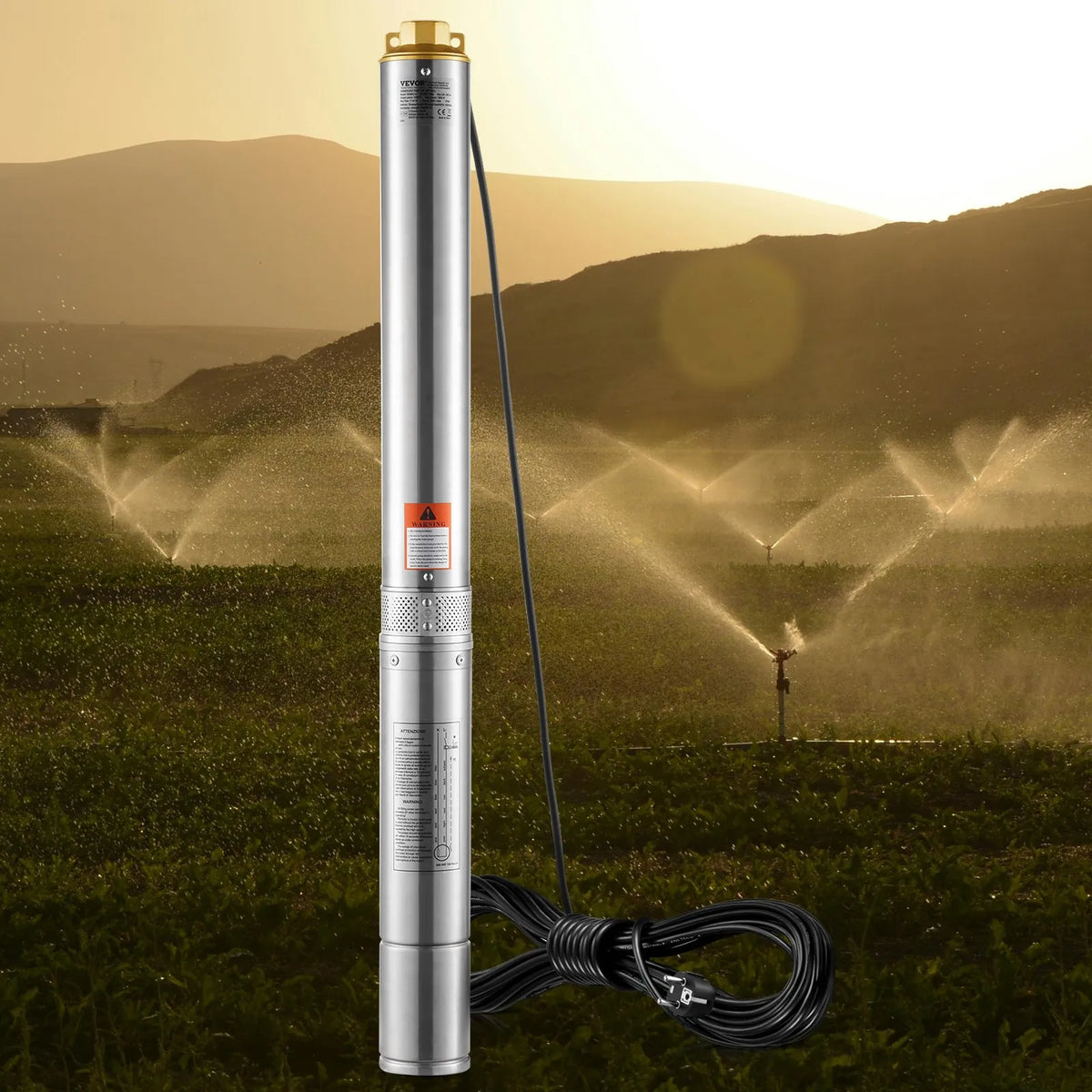 VEVOR Deep Well Submersible Pump 1500 W, 230 V/50 Hz, Flow up to 9.8 m³/h, Lift Height up to 108 m, 9.1 m Electric Cable, Stainless Steel Housing, IP68, for Industrial, Irrigation and Domestic Use