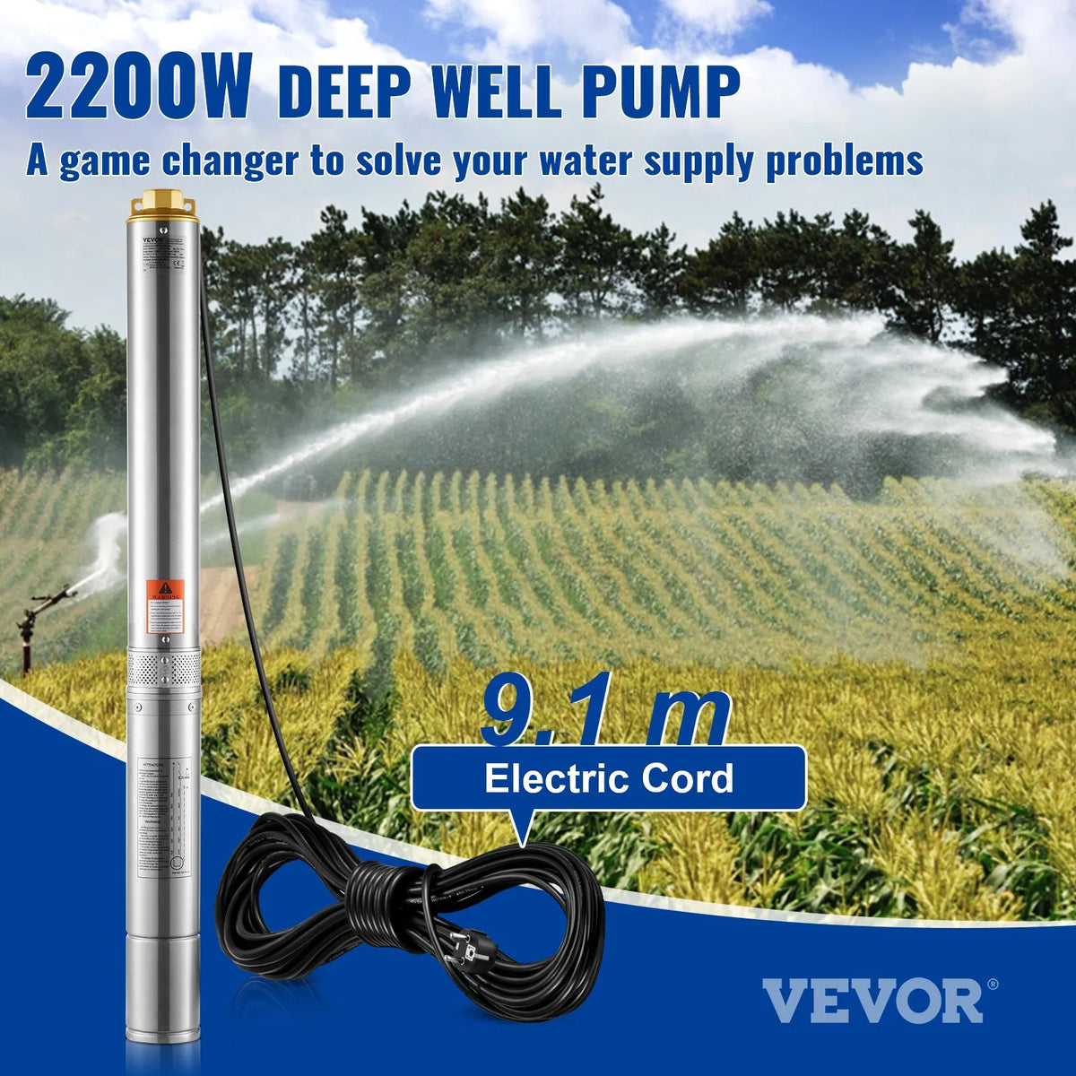 VEVOR Deep Well Submersible Pump 2200 W, 230 V/50 Hz, Flow Rate up to 9.8 m³/h, Lifting Height up to 144 m, 9.1 m Electric Cable, Stainless Steel Housing, IP68, for Industrial, Irrigation and Domestic Use