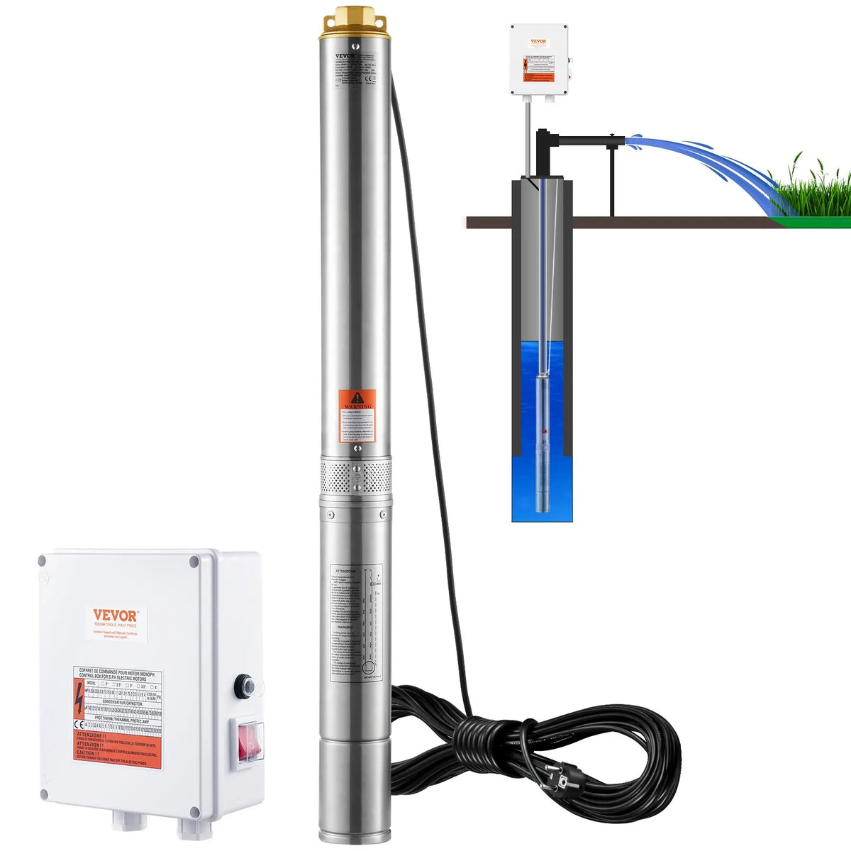 VEVOR Submersible Deep Well Pump, 2200 W, 230 V, Flow Rate 9.8 m³/h, Lift Height 144 m, with 19.4 m Cable and External Control Box, Stainless Steel Water Pump for Industrial Irrigation and Domestic Use, IP68 Waterproof