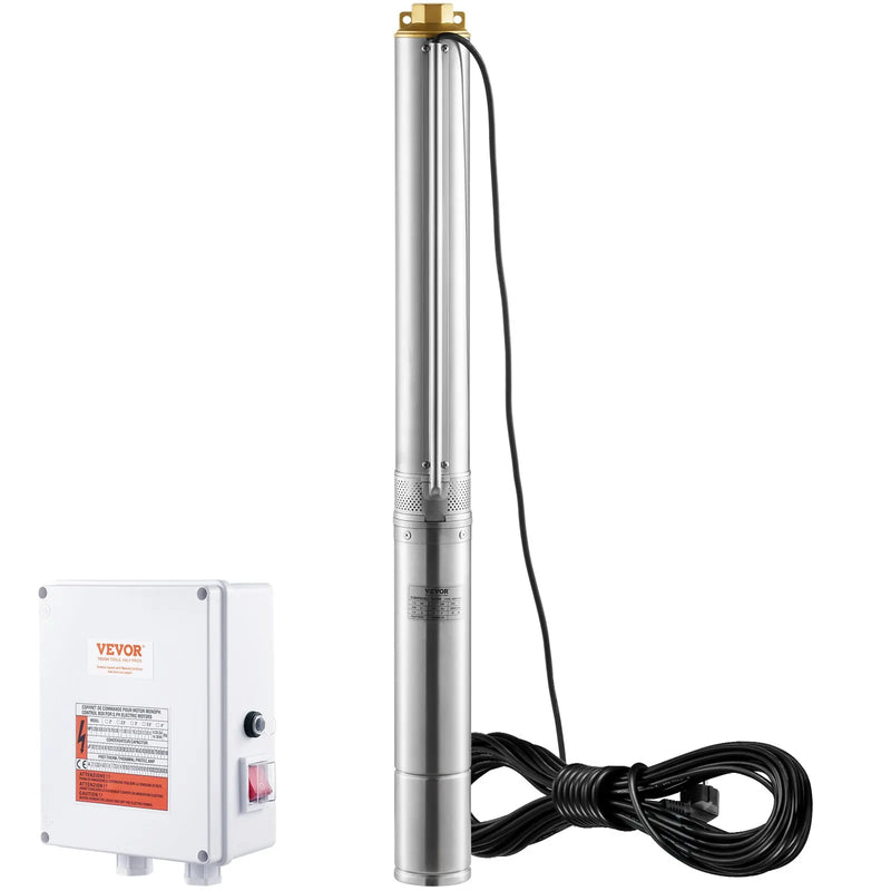 VEVOR dziļurbuma iegremdējamais sūknis, 2200 W, 230 V, plūsma 9,8 m³/h, pacēluma augstums 144 m, ar 19,4 m kabeli un ārējo vadības bloku, nerūsējošā tērauda ūdens sūknis rūpnieciskai apūdeņošanai un mājas lietošanai, IP68 ūdensizturība