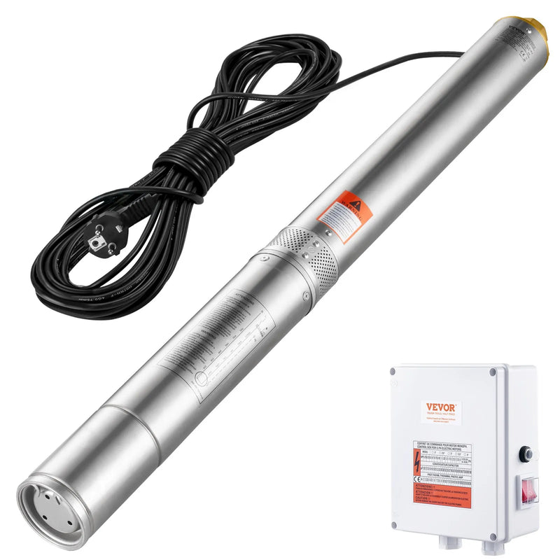 VEVOR dziļurbuma iegremdējamais sūknis, 2200 W, 230 V, plūsma 9,8 m³/h, pacēluma augstums 144 m, ar 19,4 m kabeli un ārējo vadības bloku, nerūsējošā tērauda ūdens sūknis rūpnieciskai apūdeņošanai un mājas lietošanai, IP68 ūdensizturība