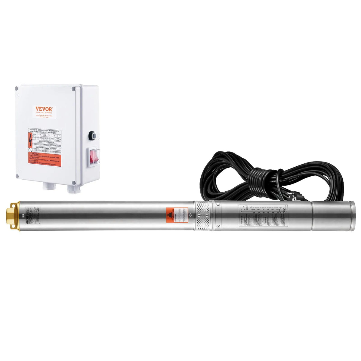 VEVOR Submersible Deep Well Pump, 2200 W, 230 V, Flow Rate 9.8 m³/h, Lift Height 144 m, with 19.4 m Cable and External Control Box, Stainless Steel Water Pump for Industrial Irrigation and Domestic Use, IP68 Waterproof