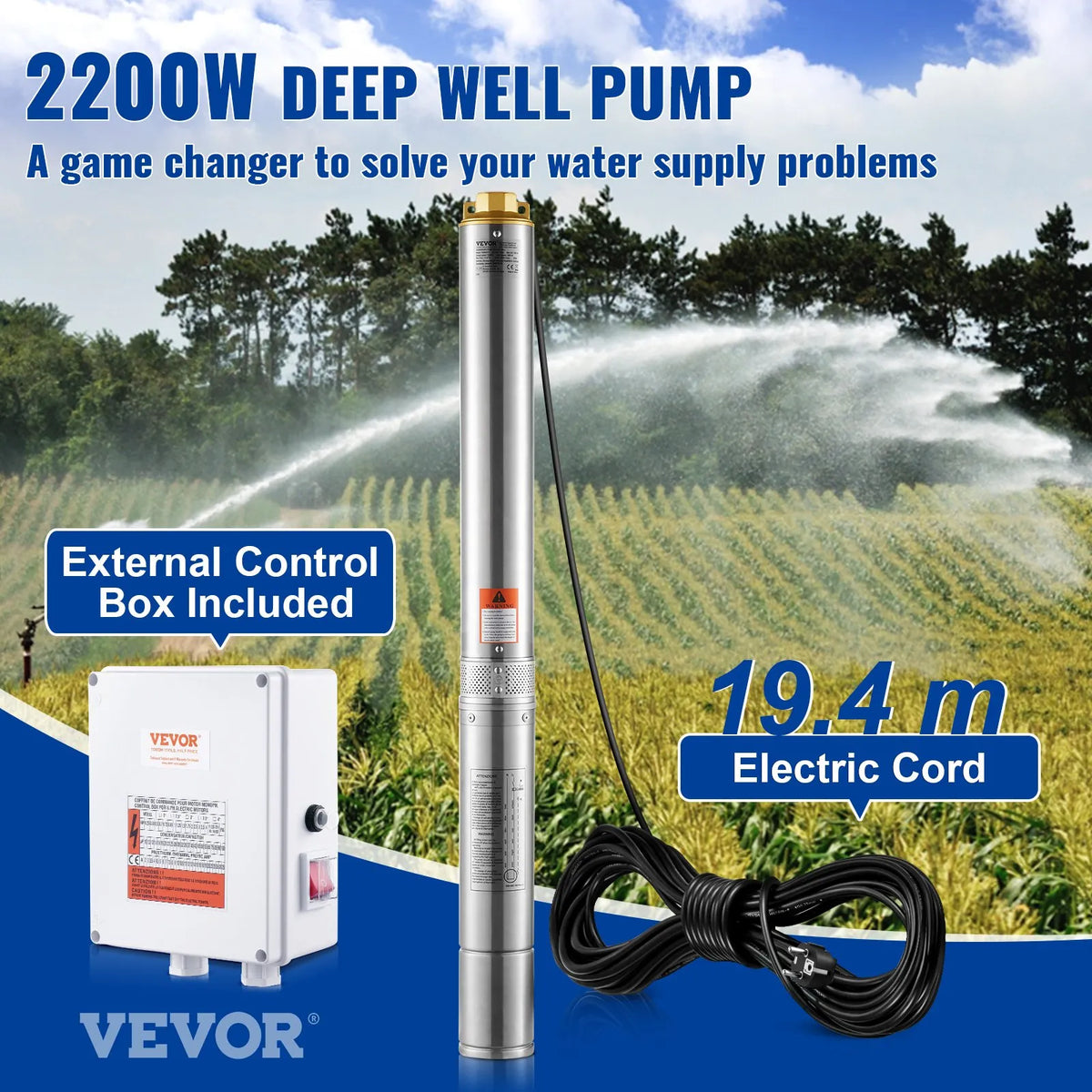 VEVOR Submersible Deep Well Pump, 2200 W, 230 V, Flow Rate 9.8 m³/h, Lift Height 144 m, with 19.4 m Cable and External Control Box, Stainless Steel Water Pump for Industrial Irrigation and Domestic Use, IP68 Waterproof