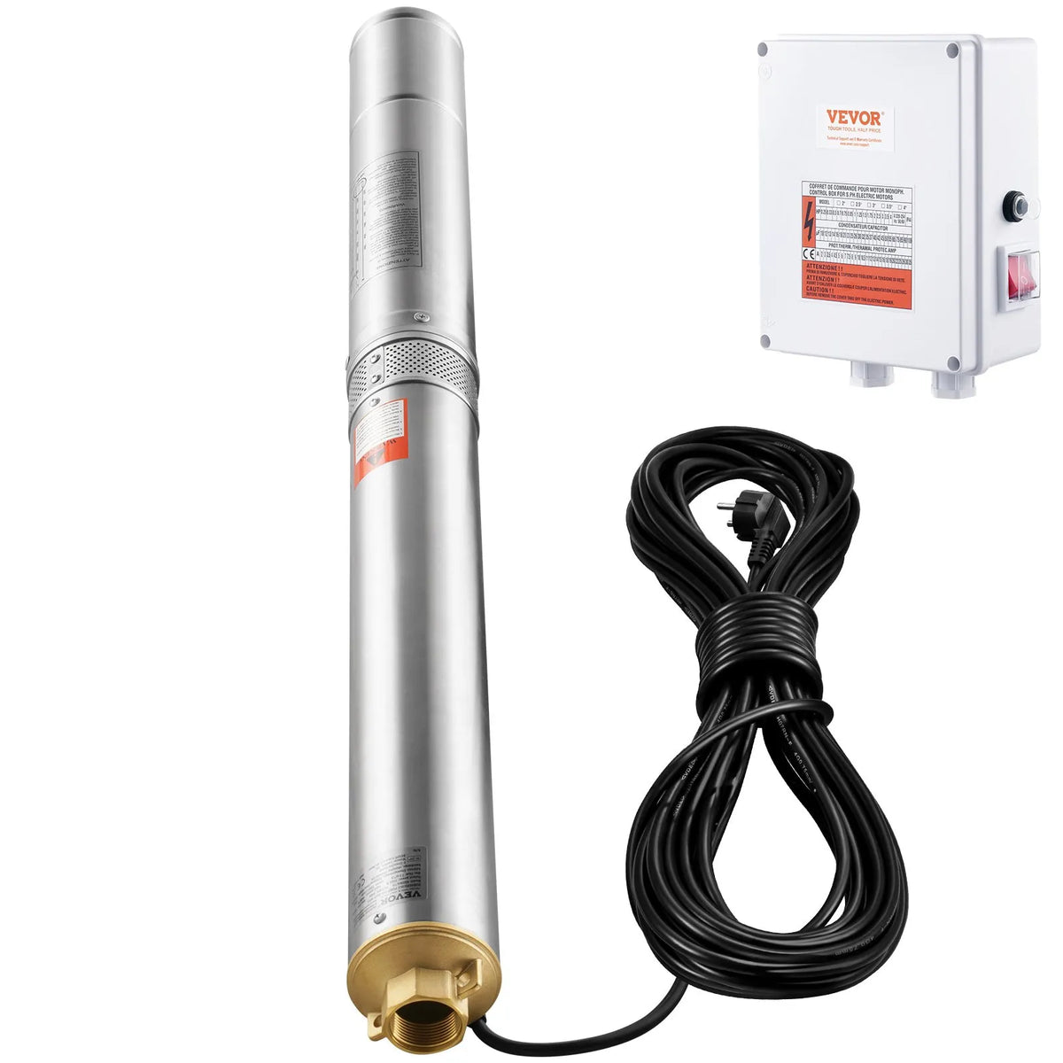 VEVOR Submersible Deep Well Pump, 2200 W, 230 V, Flow Rate 9.8 m³/h, Lift Height 144 m, with 19.4 m Cable and External Control Box, Stainless Steel Water Pump for Industrial Irrigation and Domestic Use, IP68 Waterproof