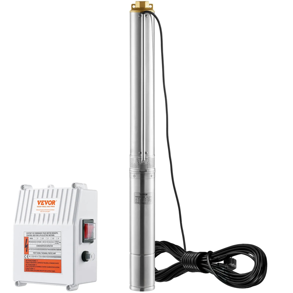 VEVOR Deep Well Submersible Pump 1500 W, 230 V/60 Hz, Flow up to 9.8 m³/h, Lift Height up to 108 m, 19.4 m Cable with External Control Box, Stainless Steel Housing, IP68, for Industrial, Irrigation and Domestic Use