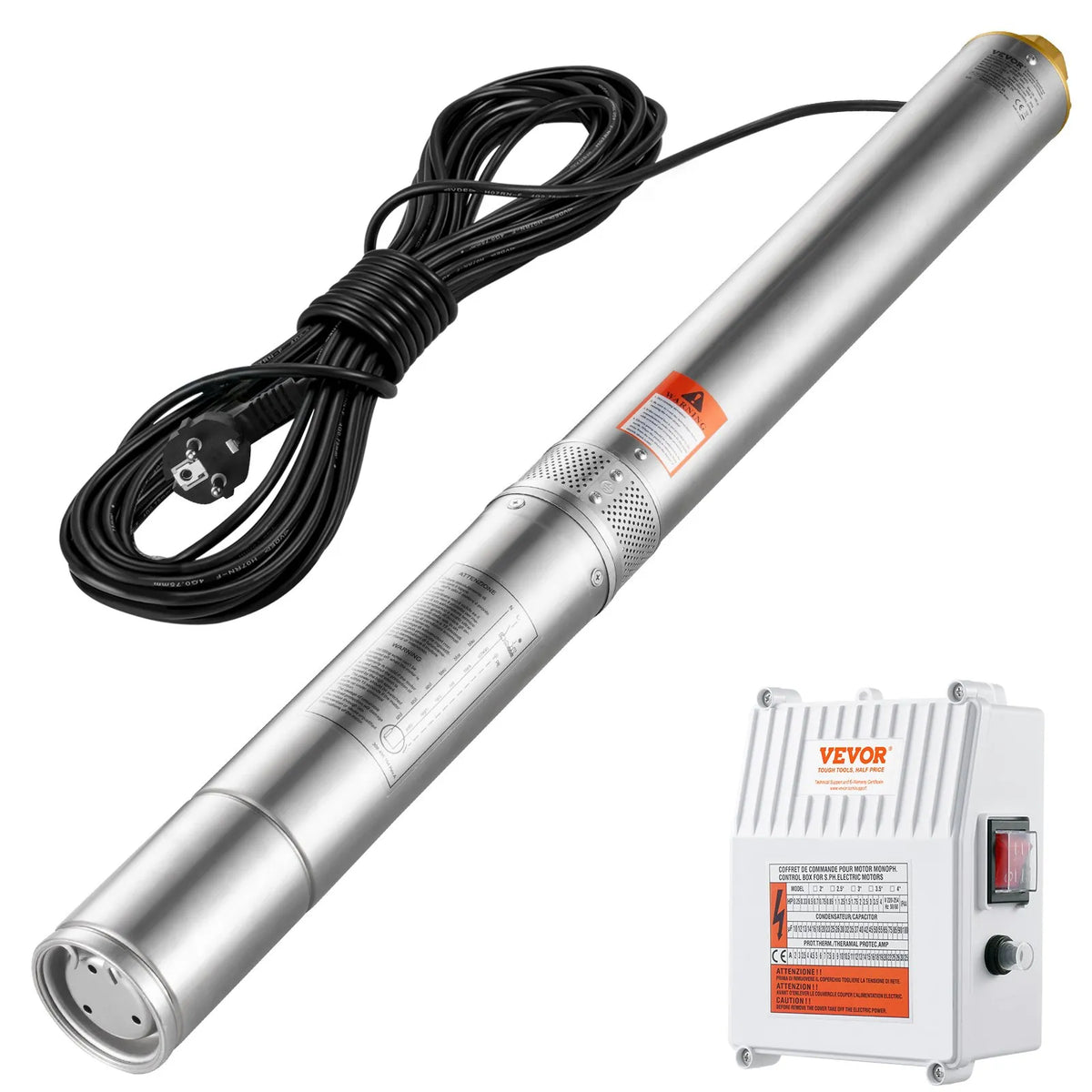 VEVOR Deep Well Submersible Pump 1500 W, 230 V/60 Hz, Flow up to 9.8 m³/h, Lift Height up to 108 m, 19.4 m Cable with External Control Box, Stainless Steel Housing, IP68, for Industrial, Irrigation and Domestic Use