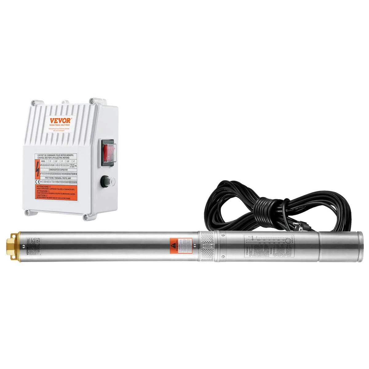 VEVOR Deep Well Submersible Pump 1500 W, 230 V/60 Hz, Flow up to 9.8 m³/h, Lift Height up to 108 m, 19.4 m Cable with External Control Box, Stainless Steel Housing, IP68, for Industrial, Irrigation and Domestic Use