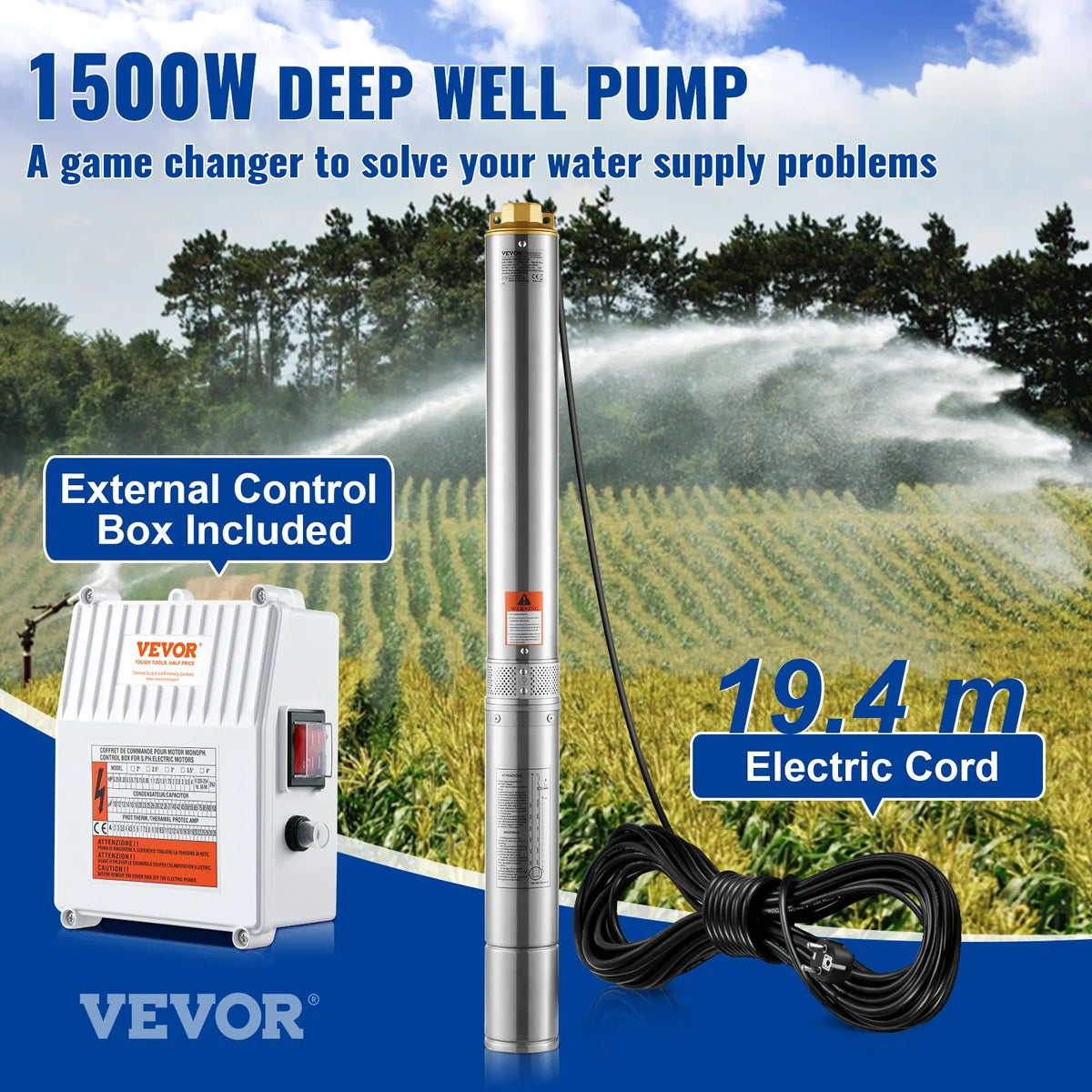 VEVOR Deep Well Submersible Pump 1500 W, 230 V/60 Hz, Flow up to 9.8 m³/h, Lift Height up to 108 m, 19.4 m Cable with External Control Box, Stainless Steel Housing, IP68, for Industrial, Irrigation and Domestic Use