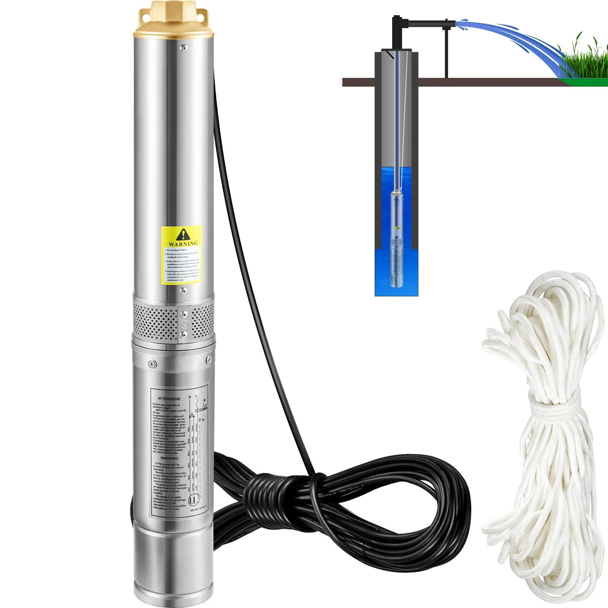 VEVOR Deep Well Submersible Pump 750 W, 230 V/50 Hz, Flow Rate up to 100 l/min, Lifting Height up to 66 m, Sand Resistance < 5 %, 20 m Electric Cable, 7.6 cm Stainless Steel Housing, IP68, for Industrial, Irrigation and Domestic Use