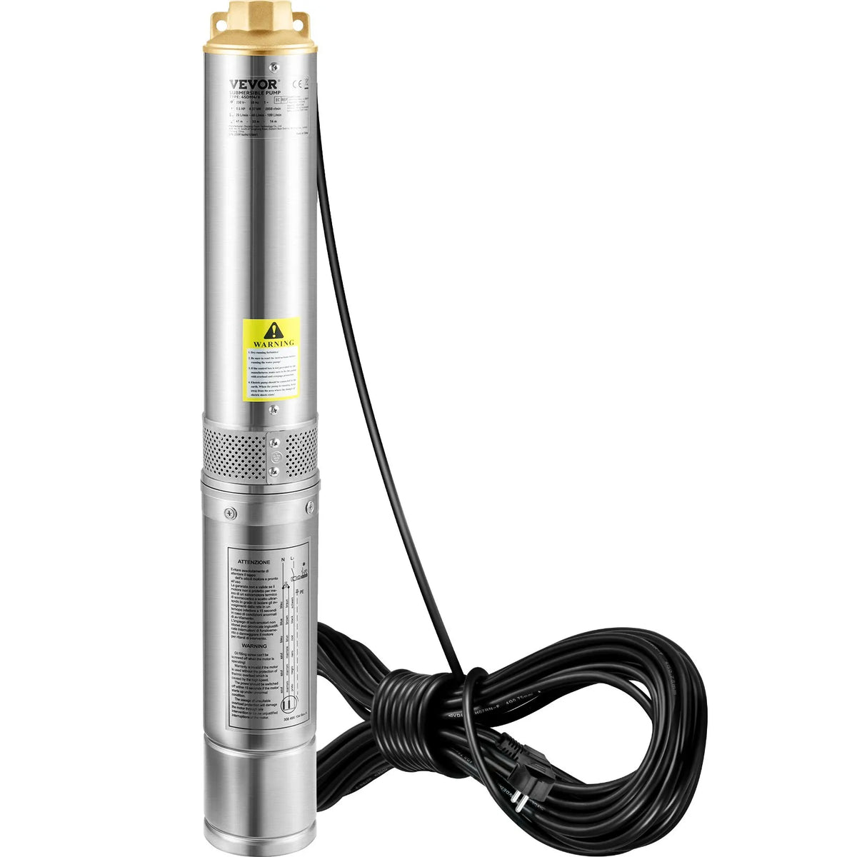 VEVOR Deep Well Submersible Pump 750 W, 230 V/50 Hz, Flow Rate up to 100 l/min, Lifting Height up to 66 m, Sand Resistance < 5 %, 20 m Electric Cable, 7.6 cm Stainless Steel Housing, IP68, for Industrial, Irrigation and Domestic Use