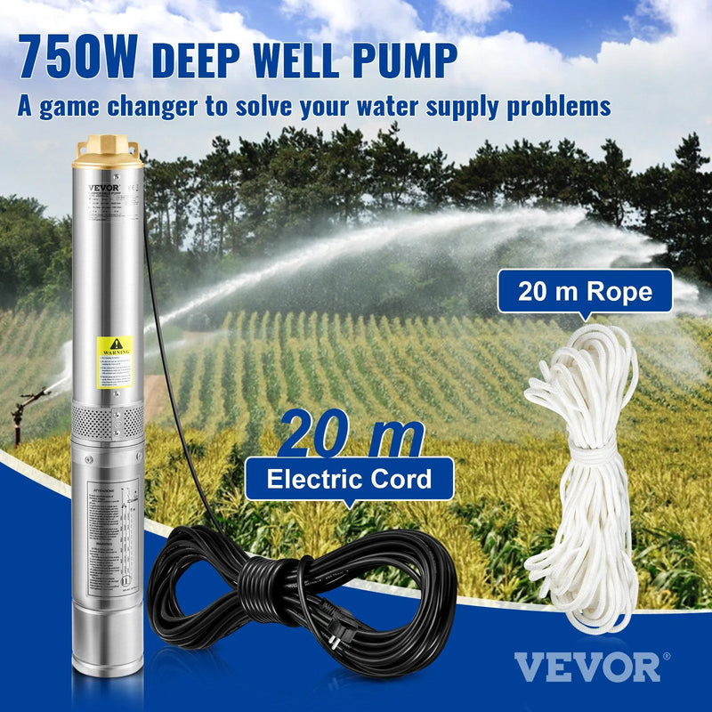 VEVOR dziļurbuma iegremdējamais sūknis 750 W, 230 V/50 Hz, plūsma līdz 100 l/min, pacelšanas augstums līdz 66 m, smilšu izturība < 5 %, 20 m elektriskais kabelis, 7,6 cm nerūsējošā tērauda korpuss, IP68, rūpniecībai, apūdeņošanai un mājsaimniecībai