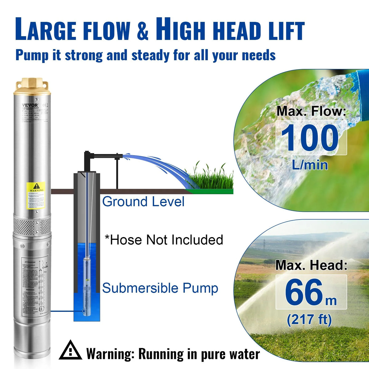 VEVOR Deep Well Submersible Pump 750 W, 230 V/50 Hz, Flow Rate up to 100 l/min, Lifting Height up to 66 m, Sand Resistance < 5 %, 20 m Electric Cable, 7.6 cm Stainless Steel Housing, IP68, for Industrial, Irrigation and Domestic Use
