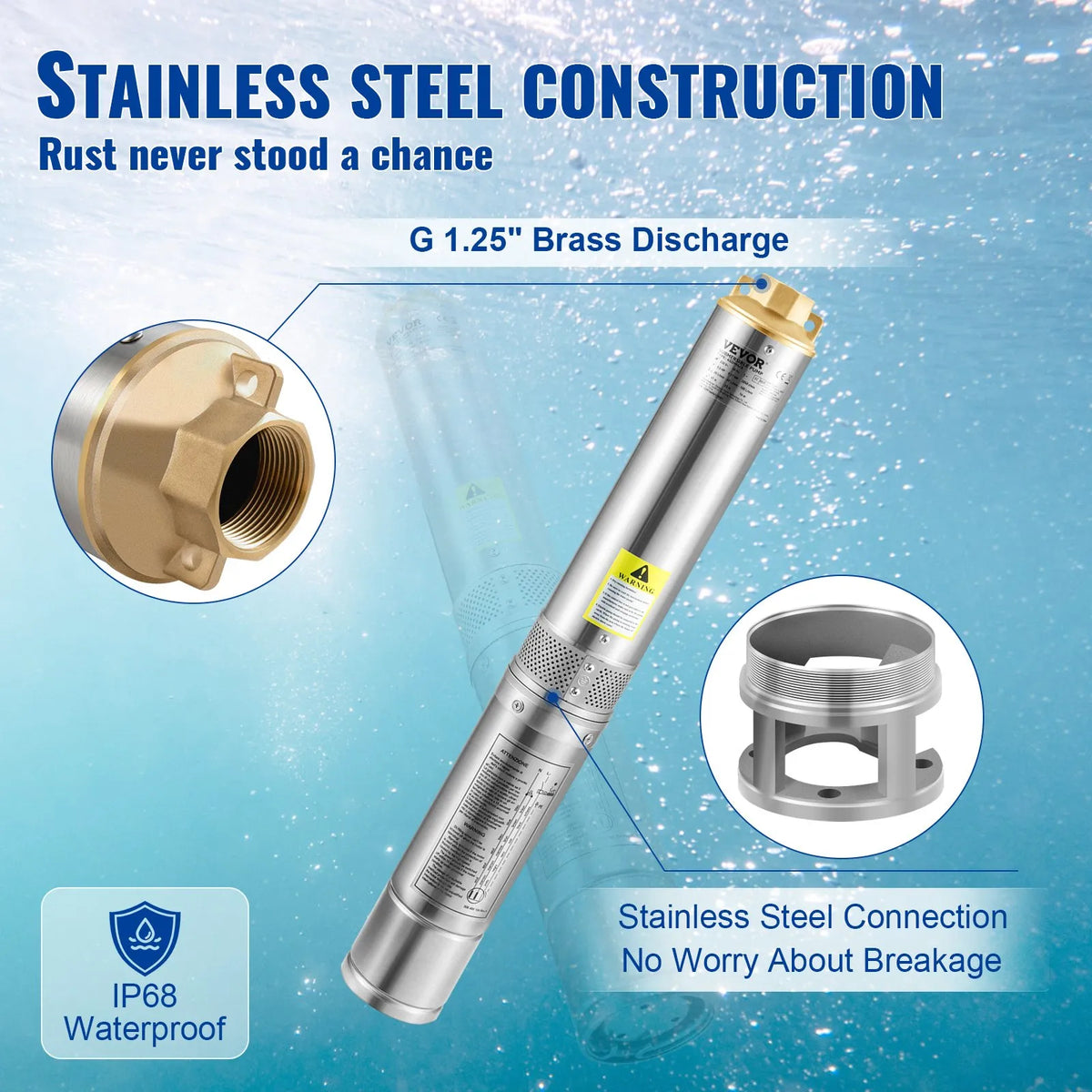 VEVOR Deep Well Submersible Pump 750 W, 230 V/50 Hz, Flow Rate up to 100 l/min, Lifting Height up to 66 m, Sand Resistance < 5 %, 20 m Electric Cable, 7.6 cm Stainless Steel Housing, IP68, for Industrial, Irrigation and Domestic Use