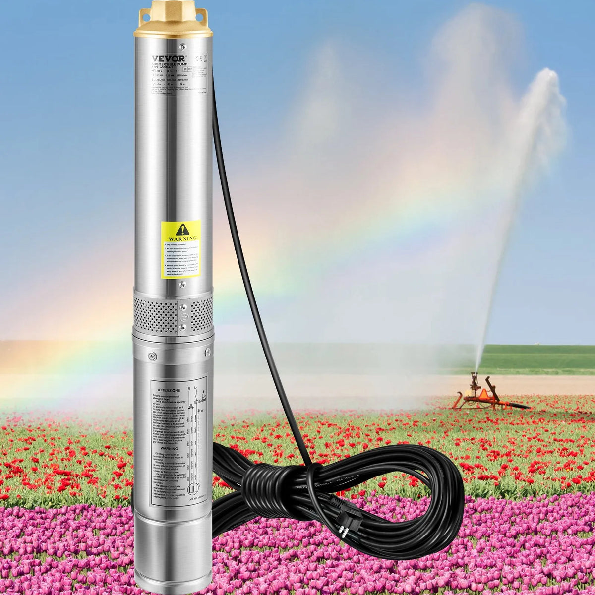 VEVOR Deep Well Submersible Pump 750 W, 230 V/50 Hz, Flow Rate up to 100 l/min, Lifting Height up to 66 m, Sand Resistance < 5 %, 20 m Electric Cable, 7.6 cm Stainless Steel Housing, IP68, for Industrial, Irrigation and Domestic Use
