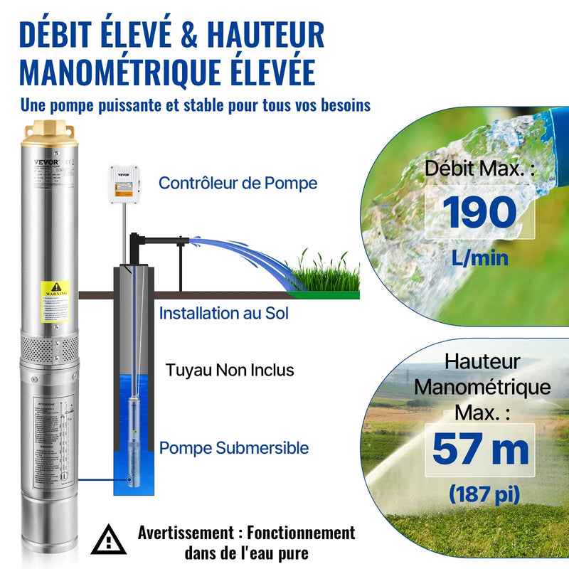 VEVOR dziļurbuma iegremdējamais sūknis 1100 W, 230 V/50 Hz, plūsma līdz 190 l/min, pacelšanas augstums līdz 57 m, 20 m kabelis ar ārēju vadības bloku, 10,2 cm nerūsējošā tērauda korpuss, IP68, rūpniecībai, apūdeņošanai un mājai