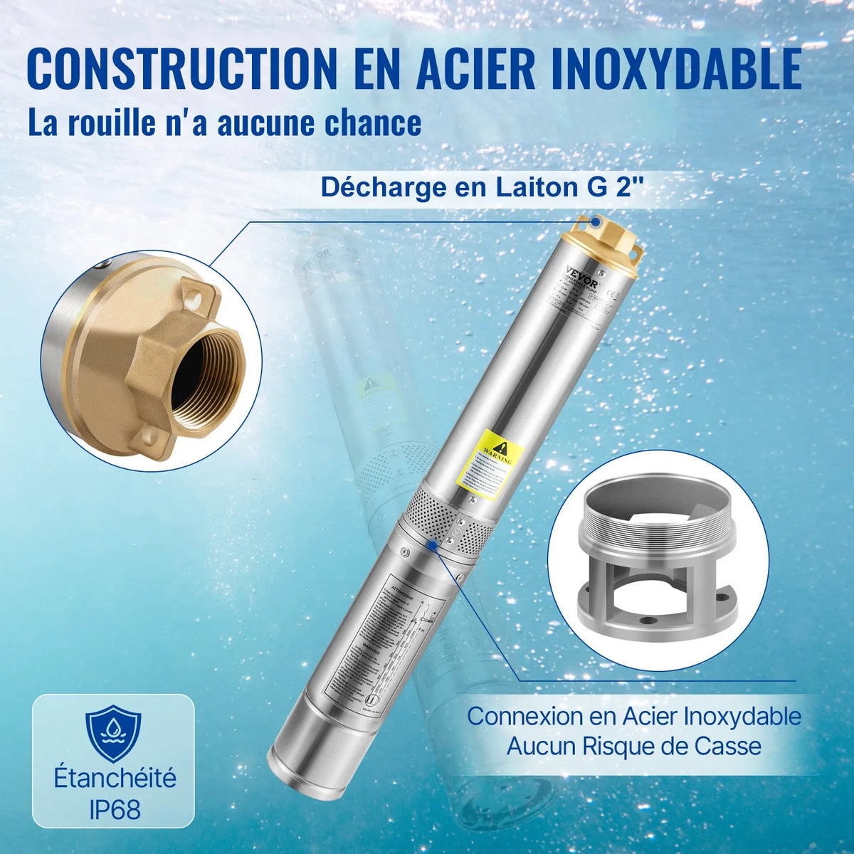 VEVOR Deep Well Submersible Pump 1100 W, 230 V/50 Hz, Flow up to 190 l/min, Lift Height up to 57 m, 20 m Cable with External Control Box, 10.2 cm Stainless Steel Body, IP68, for Industrial, Irrigation and Home Use