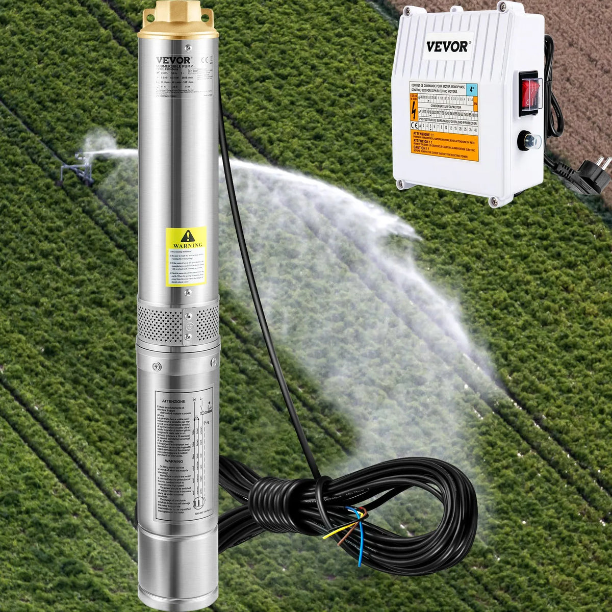 VEVOR Deep Well Submersible Pump 1100 W, 230 V/50 Hz, Flow up to 190 l/min, Lift Height up to 57 m, 20 m Cable with External Control Box, 10.2 cm Stainless Steel Body, IP68, for Industrial, Irrigation and Home Use