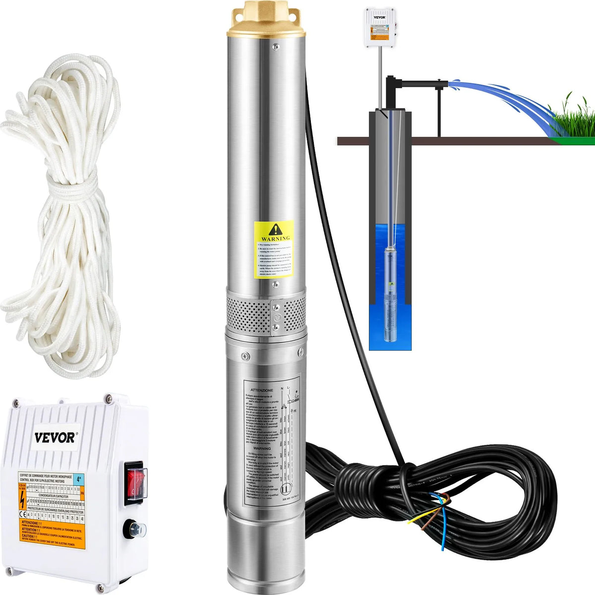 VEVOR Deep Well Submersible Pump, 370 W, 230V/50Hz, Flow 110 l/min, Lift Height 44 m, with 20 m Cable and External Control Box, 10.2 cm Stainless Steel Water Pump for Industrial Use, Irrigation and Domestic Needs, IP68